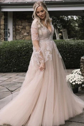 Vestido elegante para boda, corte A, encaje, largo hasta el suelo, cola, manga larga, con apliques / Vestido formal